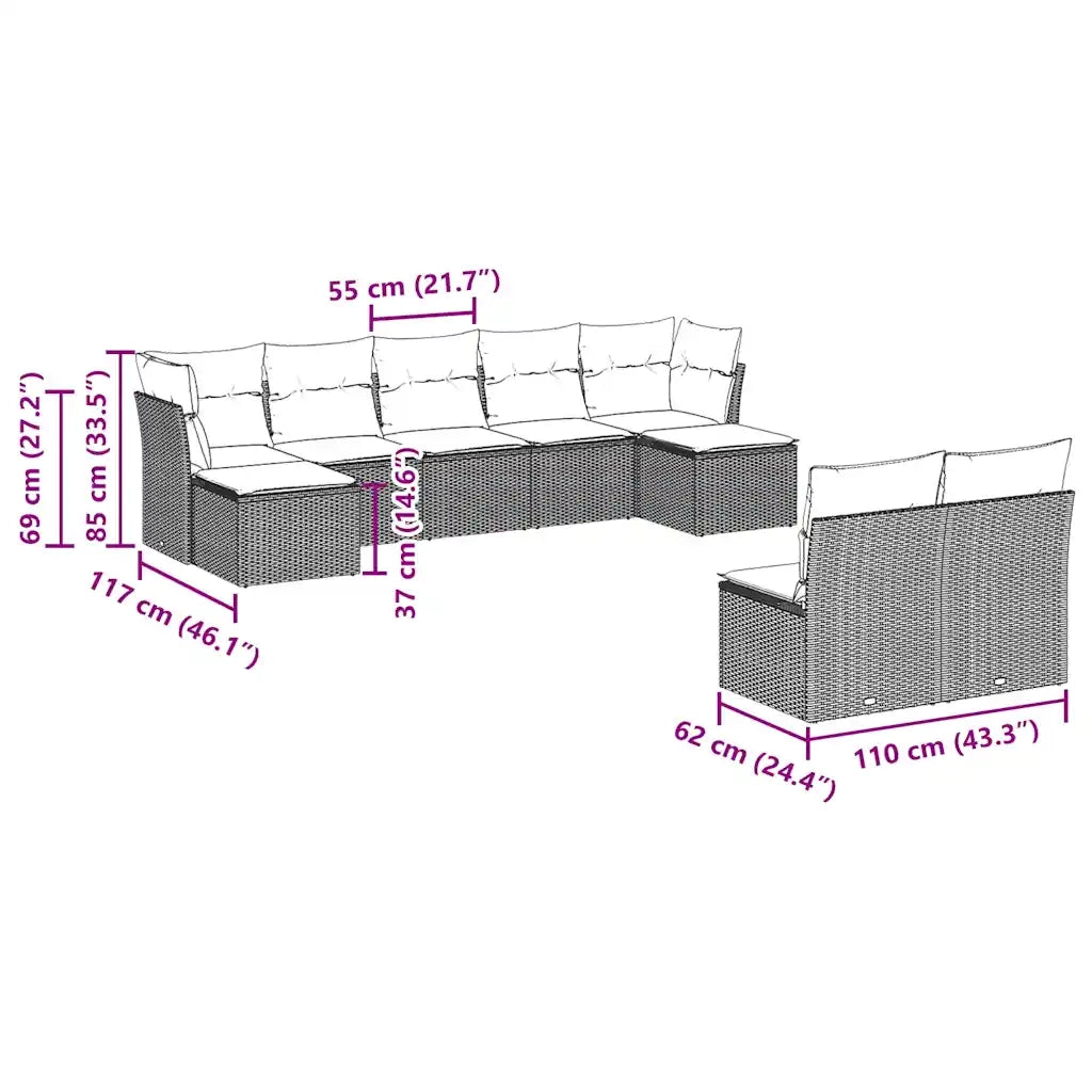 Set Divani da Giardino 9pz con Cuscini Marrone in Polyrattan