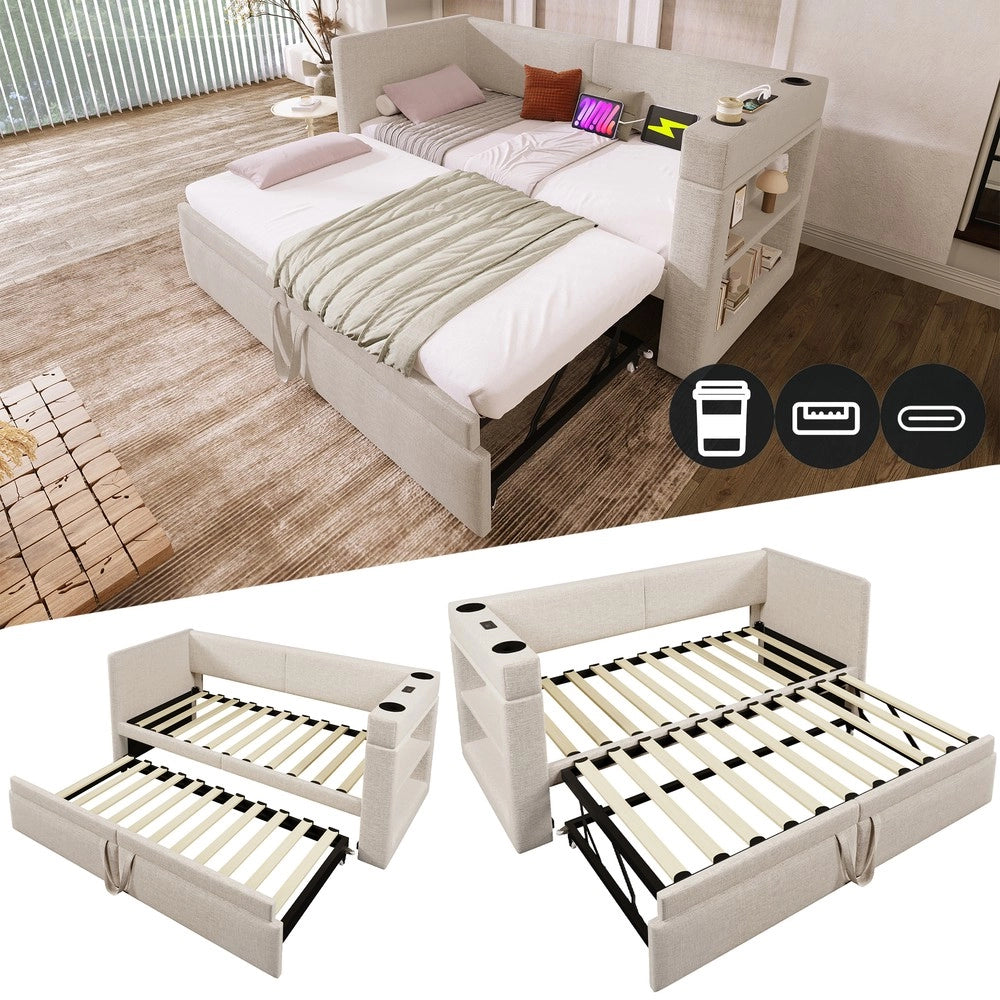 Letto Singolo Imbottito con Rete Estraibile ¨C MINIMAL ¨C Tessuto Beige 90x200