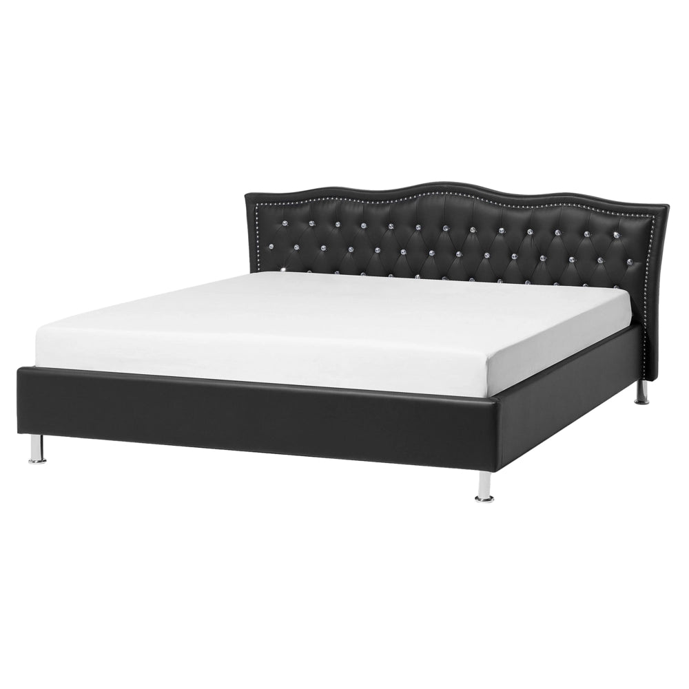 Letto 160 x 200 cm in ecopelle nera struttura imbottita con bottoncini in cristallo con finiture imbottite