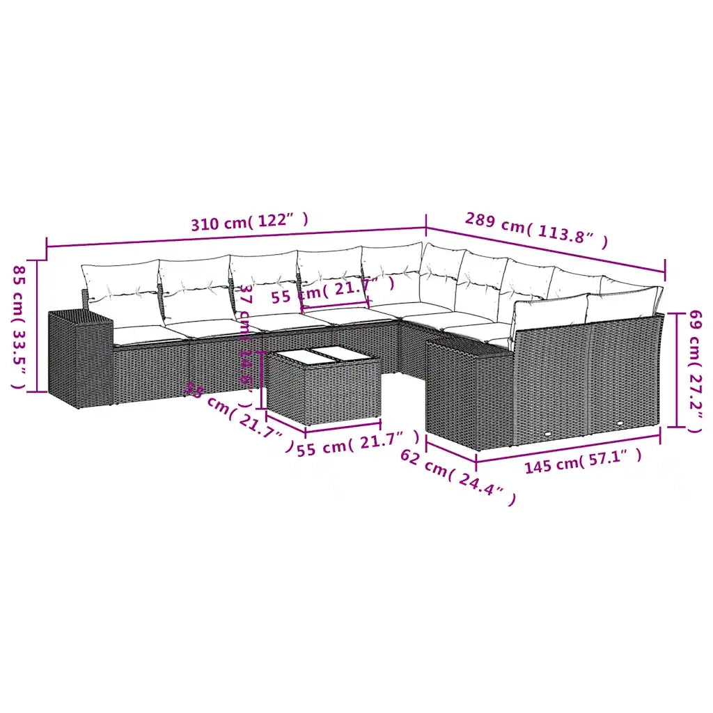 Set Divani da Giardino 11 pz con Cuscini Polyrattan Marrone 3255460