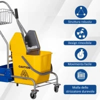 Carrello Pulizie con Strizzatore, Secchio 25L e Ripiano in Plastica, in PP e Metallo, 72x49.5x95 cm, Blu e Giallo