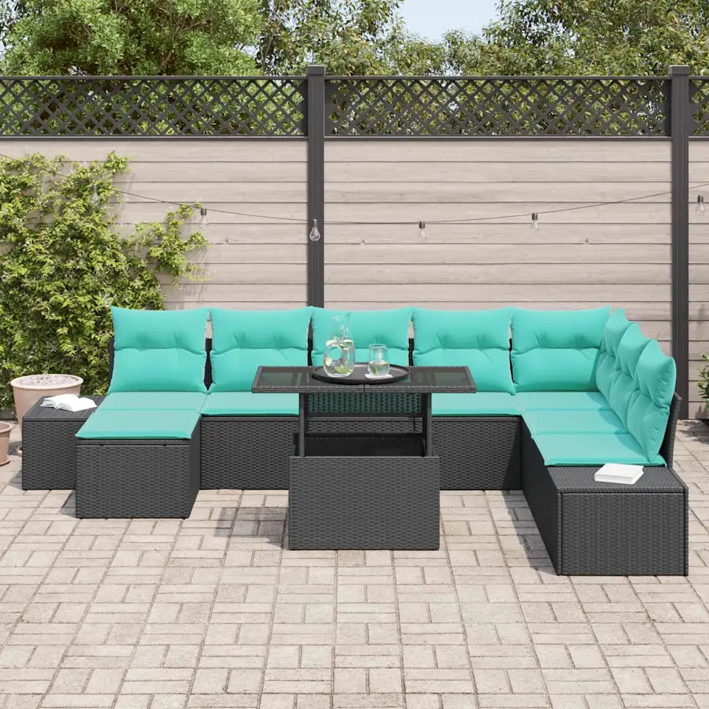 Set Divano da Giardino 9 pz Nero e Blu polyrattan 3349242