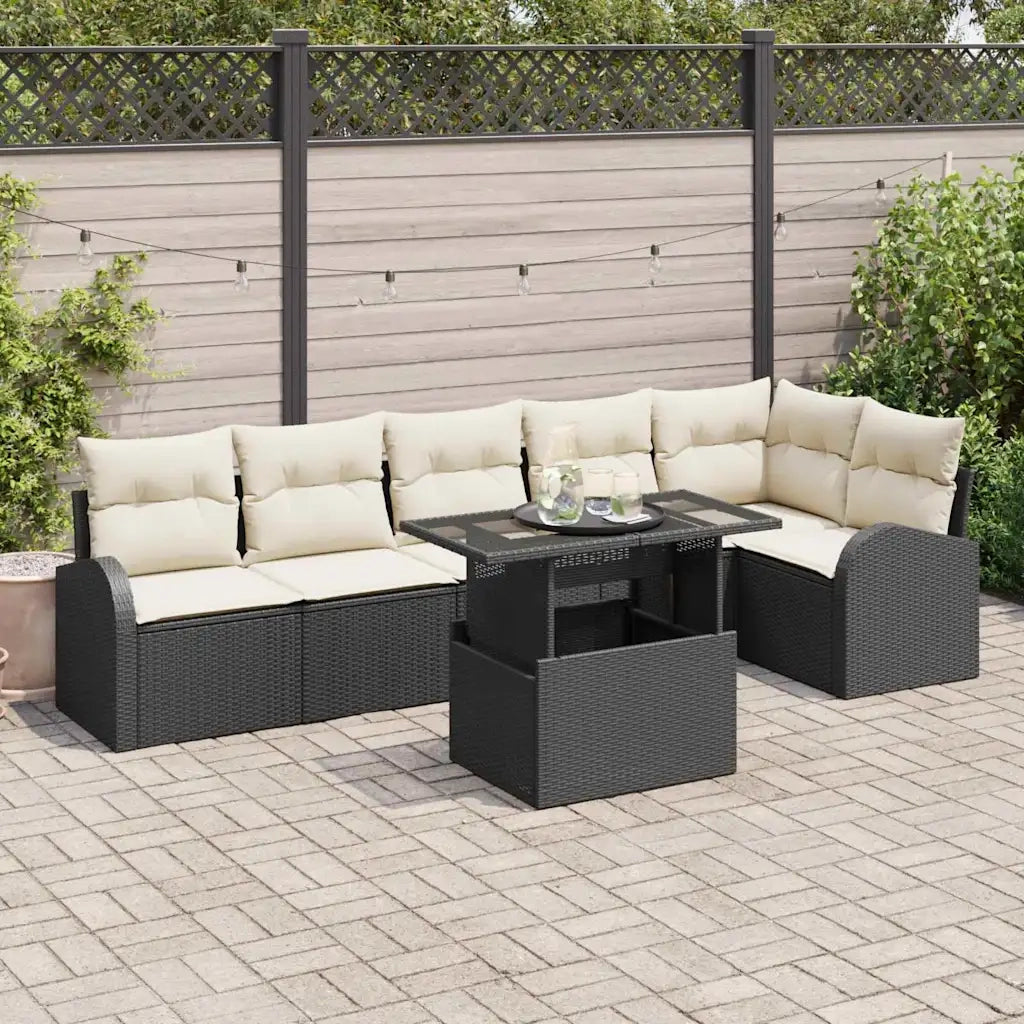 Set Divano da Giardino 7 pcs Nero e crema polyrattan
