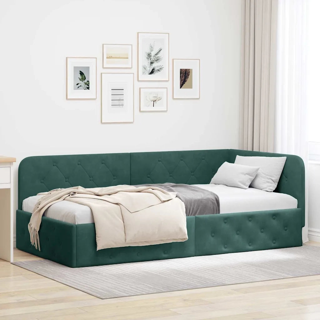 Cornice del letto ad angolo Verde Scuro 90 x 200 cm Velluto