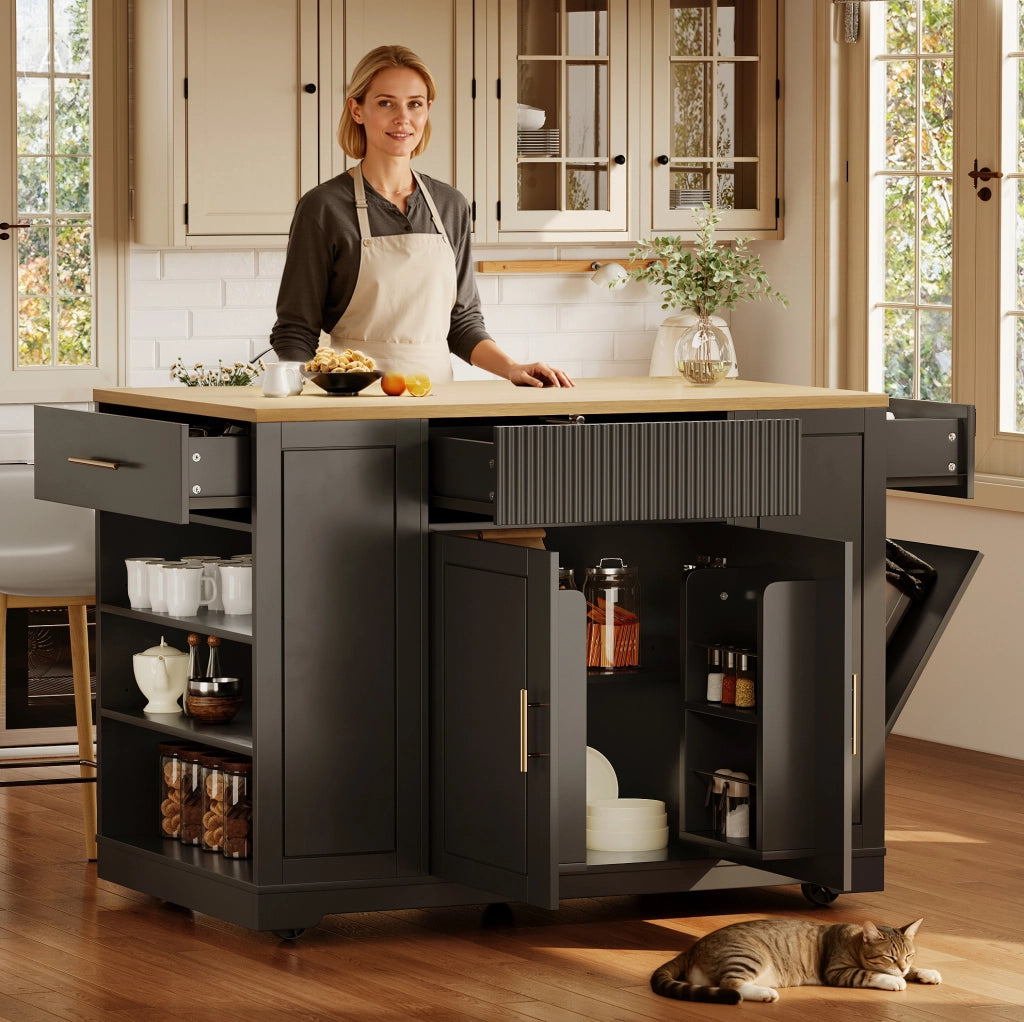 Isola da cucina 120x50 cm; con scomparto per rifiuti; MDF e metallo nero