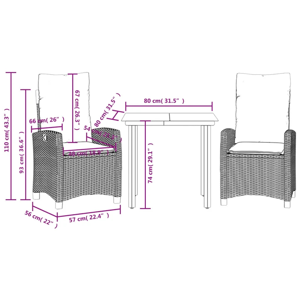 Set da Pranzo da Giardino 3 pz con Cuscini Beige in Polyrattan 3212812