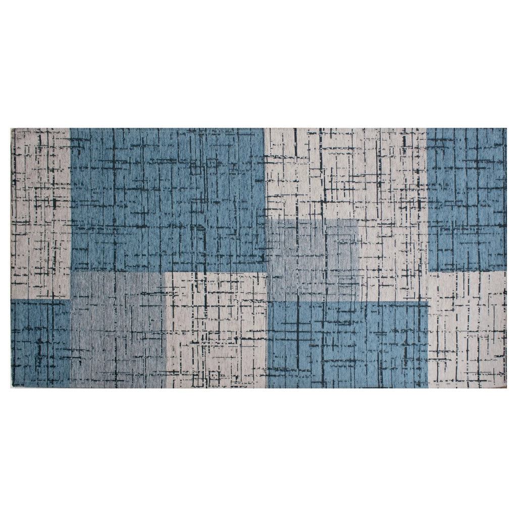 Tappeto Arredo Moderno Morbido in Ciniglia Ingresso Antiscivolo Prodotto Italiano  Soggiorno Camera Salotto Disegni Piazzati Cotone Varie Misure Grande Mondrian/Azzurro - 65x300 cm