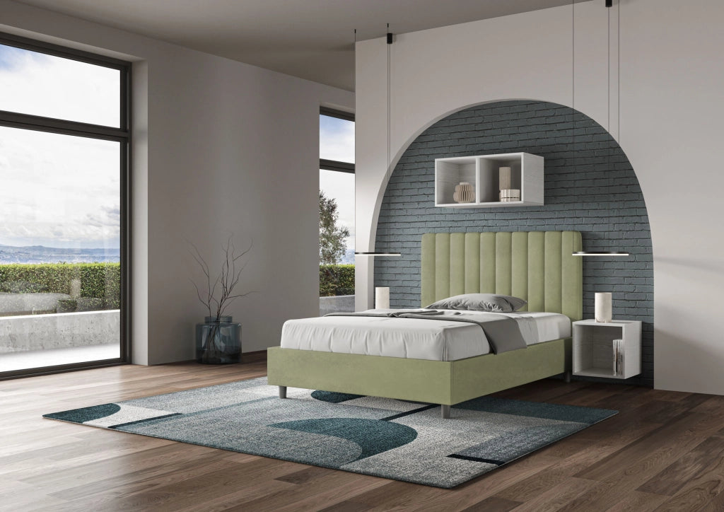 BS COM Letto una piazza e mezza con rete imbottito 120x210 microfibra tè verde