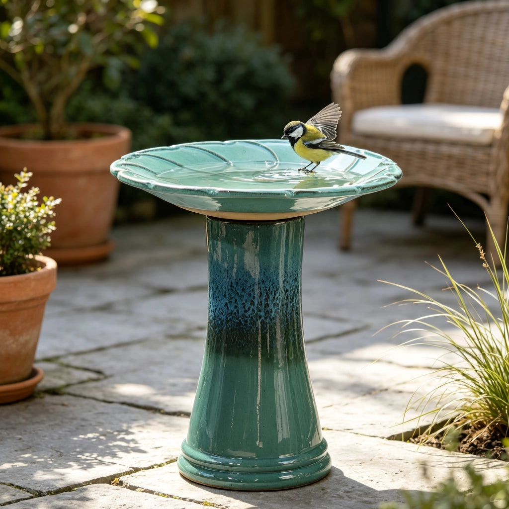 Bagno per uccelli in ceramica Ø43x45 cm turchese blu, resistente al gelo e agli agenti atmosferici
