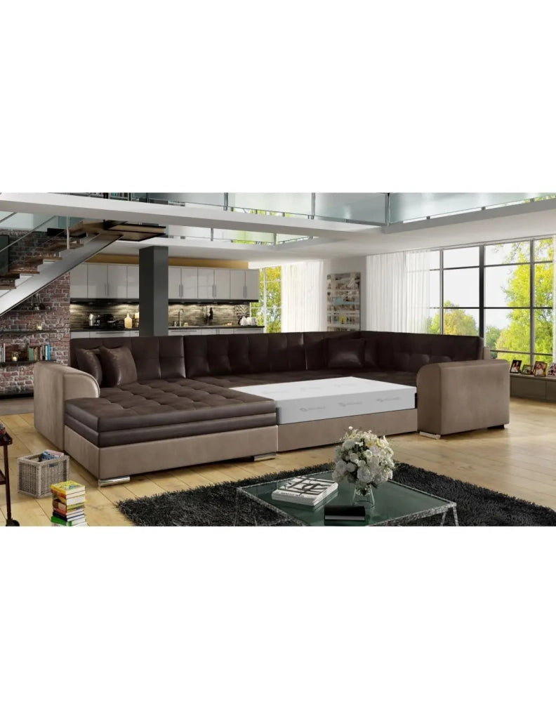 Canapé panoramique convertible CALDERO 5 posti marrone – angolo sinistro – 4 cuscini