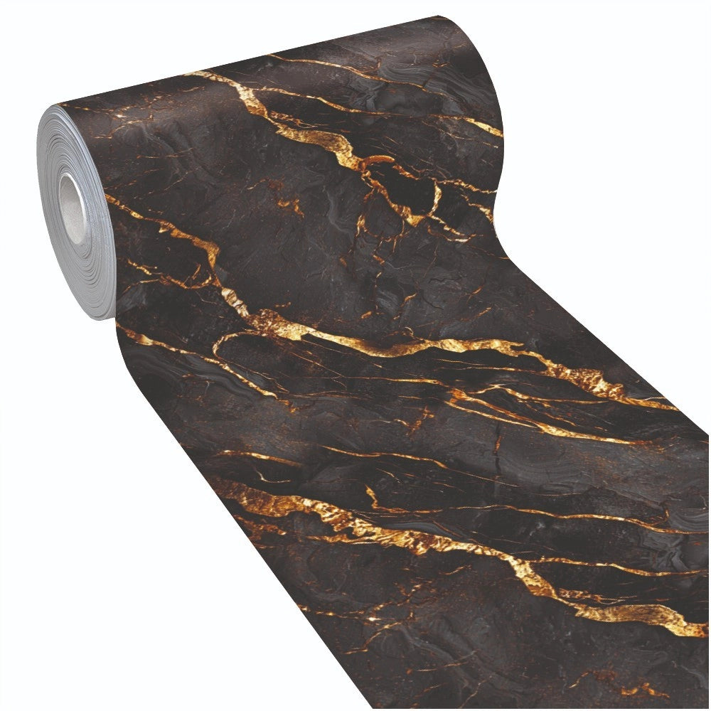 Tappeto Cucina Pvc Stampato Risoluzione HD Antimacchia Antiscivolo Marmo Scuro Venato Oro - 51x300 Cm