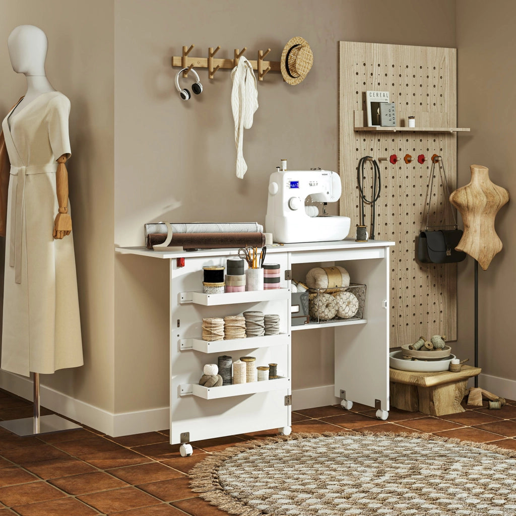 Tavolo da cucito pieghevole con ripiani e ruote ¨C Minimal ¨C bianco