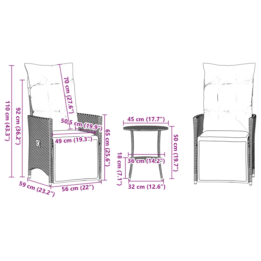 Set da Bistrò 3 pz con Cuscini Nero in Polyrattan 365673