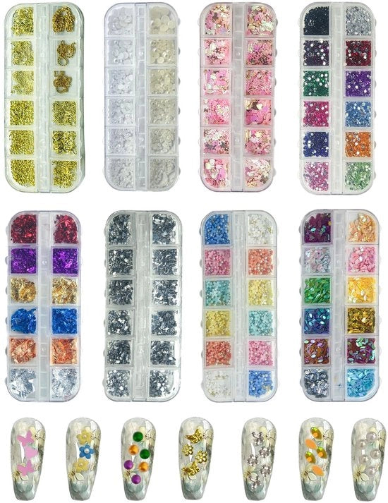 Kit di decorazione per unghie 3D con cristalli e perle da 8 dozzine
