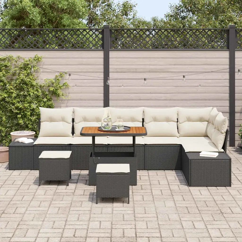 Set Divano da Giardino con cuscino 9 pcs Nero polyrattan