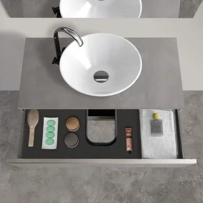 Mobile bagno sospeso 80 cm grigio cemento con top e specchio tondo Master