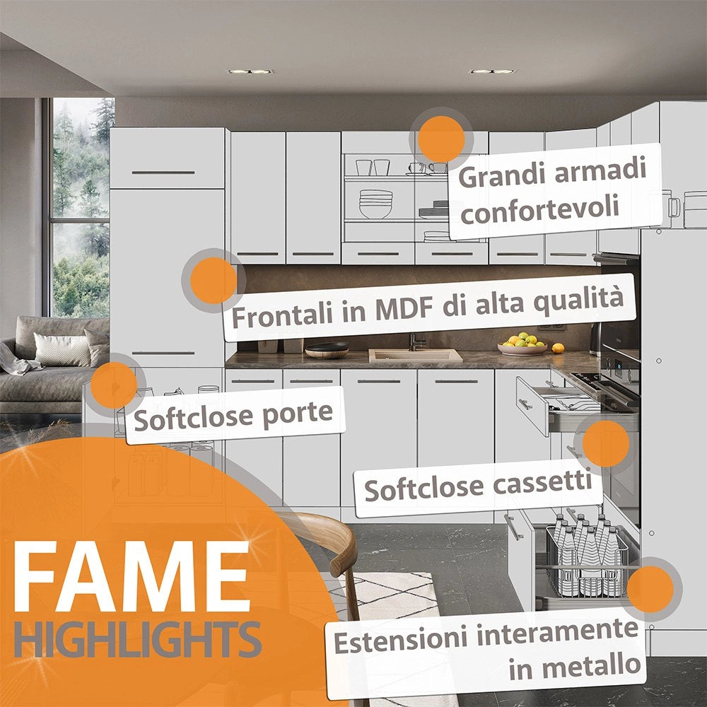 Cucina componibile Fame-Line Antracite rustico/Bianco 200 cm, PL Marmo Vicco