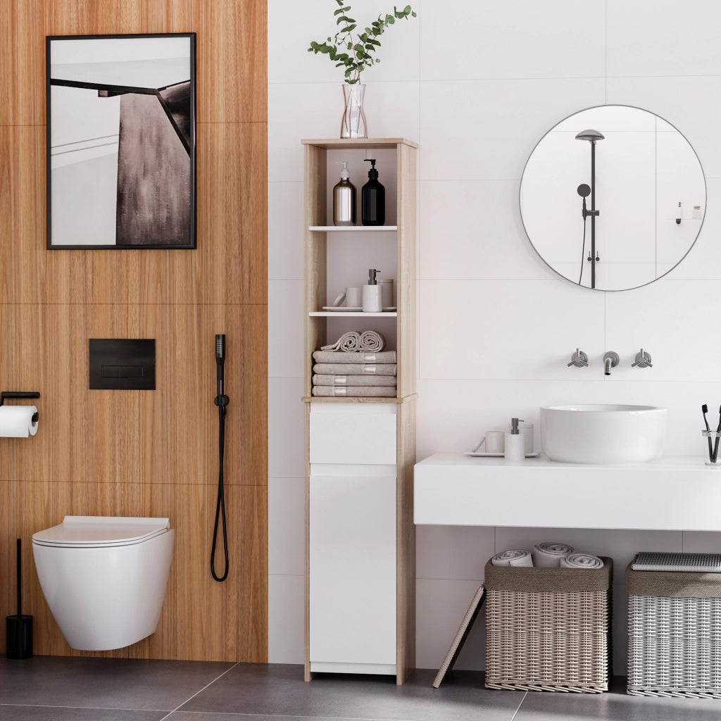 Mobile Bagno Salvaspazio Colonna ¨C Xylo ¨C Legno Bianco con Ripiani Cassetto Armadietto 32.6x30x171.2cm