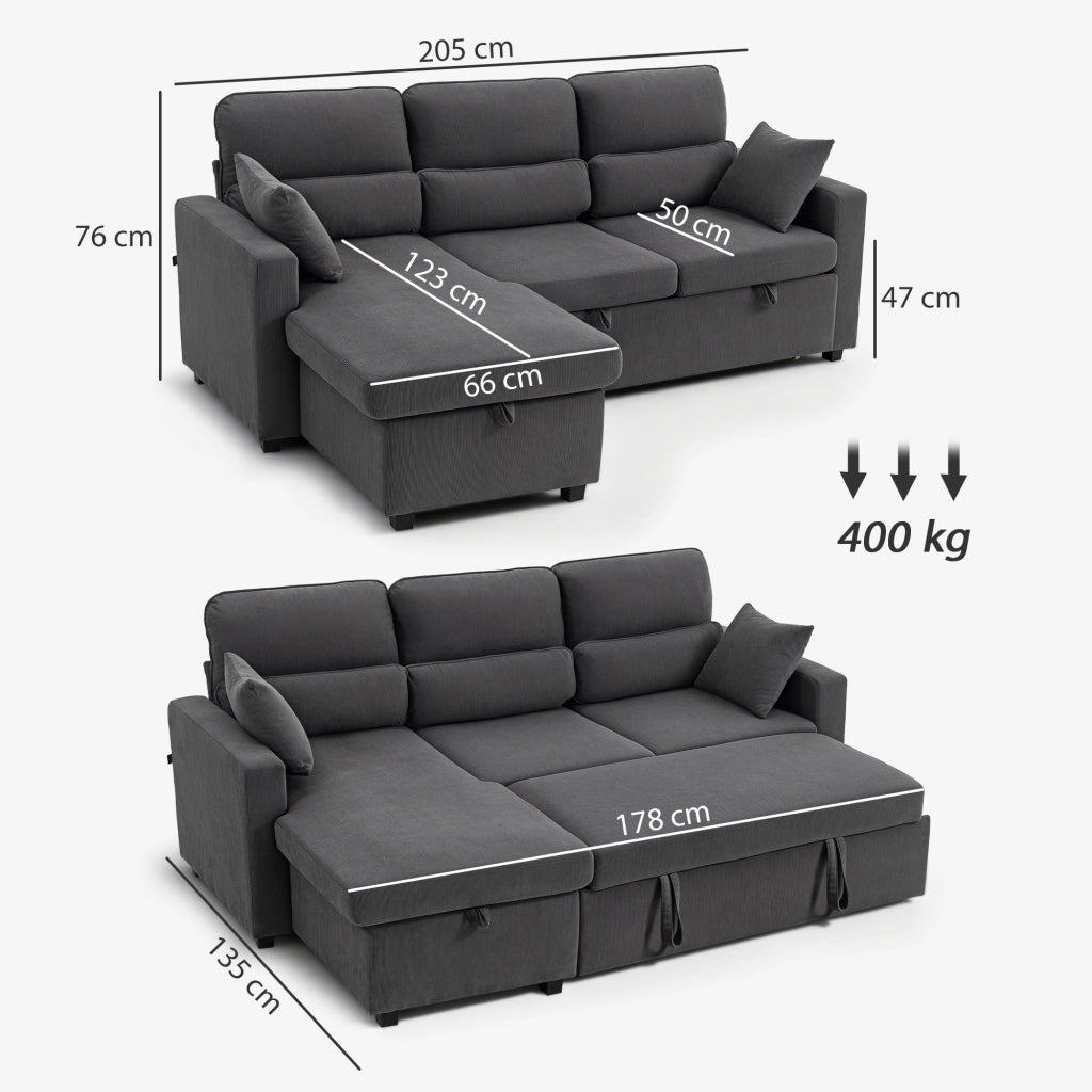 Divano letto angolare con contenitore e cuscini ¨C Minimal ¨C Grigio scuro