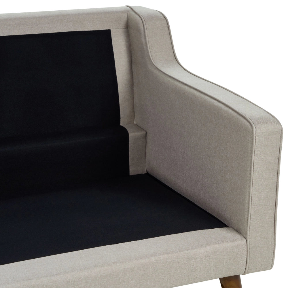 Divano moderno a 3 posti imbottito in tessuto beige e gambe in legno stile classico e moderno