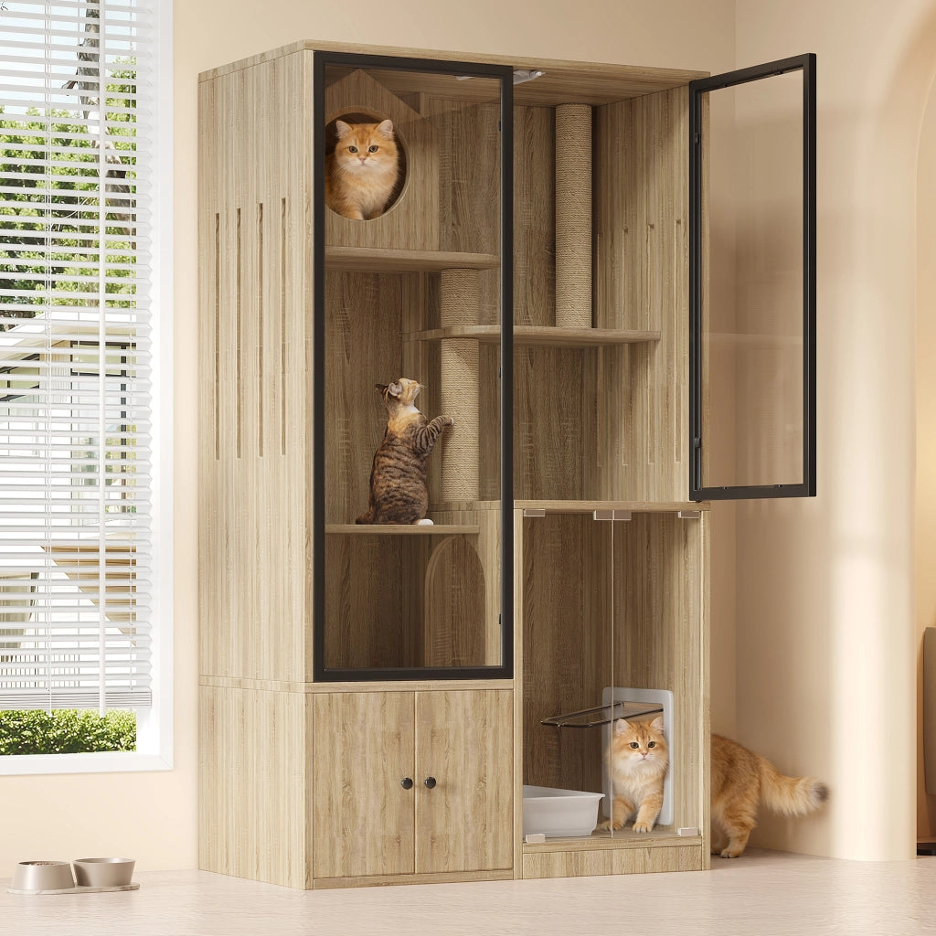 Casetta per gatti da interno con più livelli e porta bloccabile in MDF e vetro effetto legno naturale 90 × 50 × 160 cm