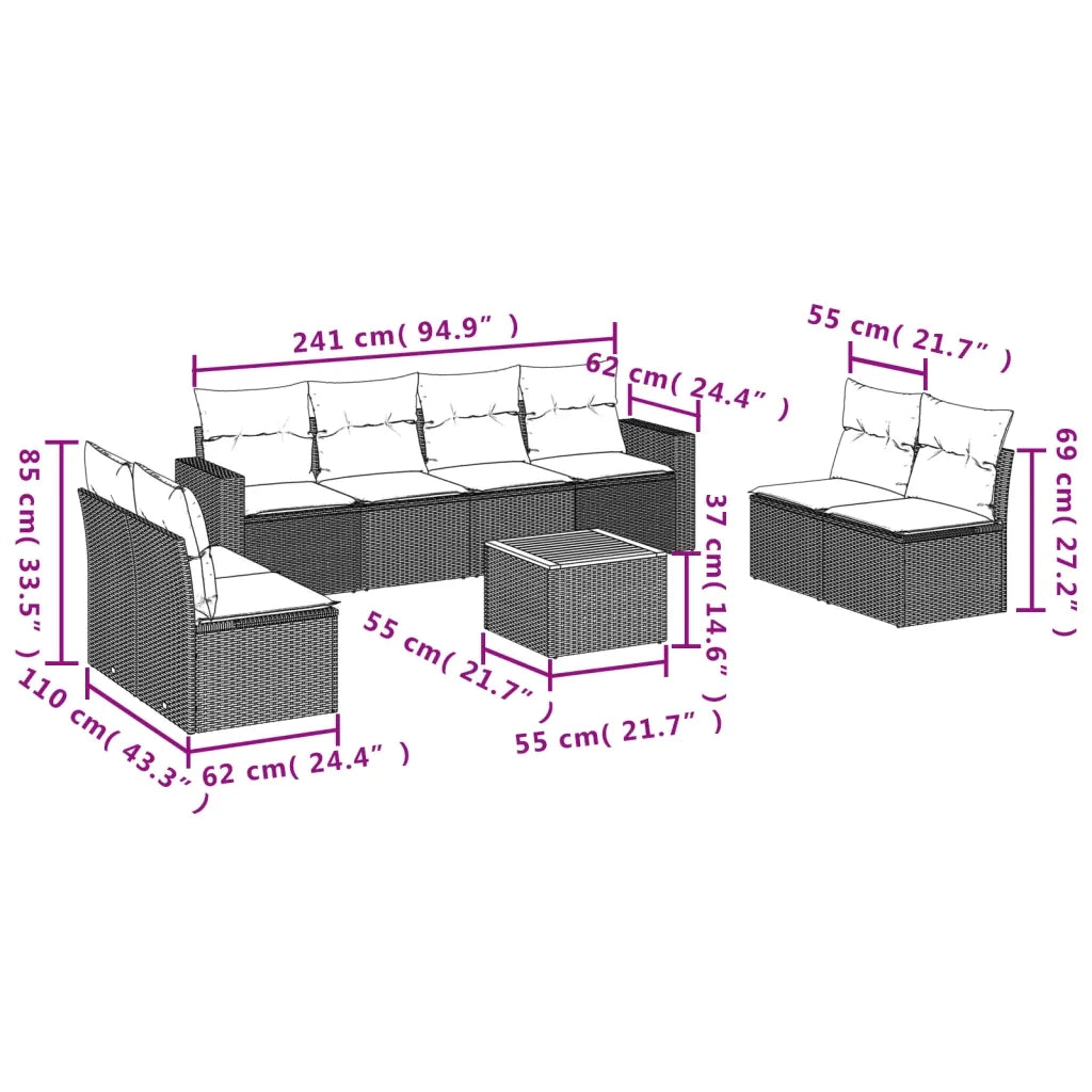 Set Divani da Giardino 9 pz con Cuscini Nero in Polyrattan 3256412