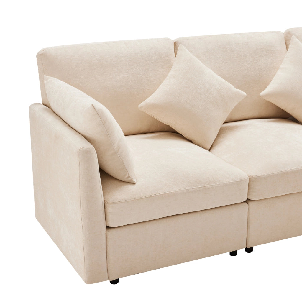 Divano angolare modulare 3-4 posti con pouf mobile e 4 cuscini in chenille beige 216x161x81 cm