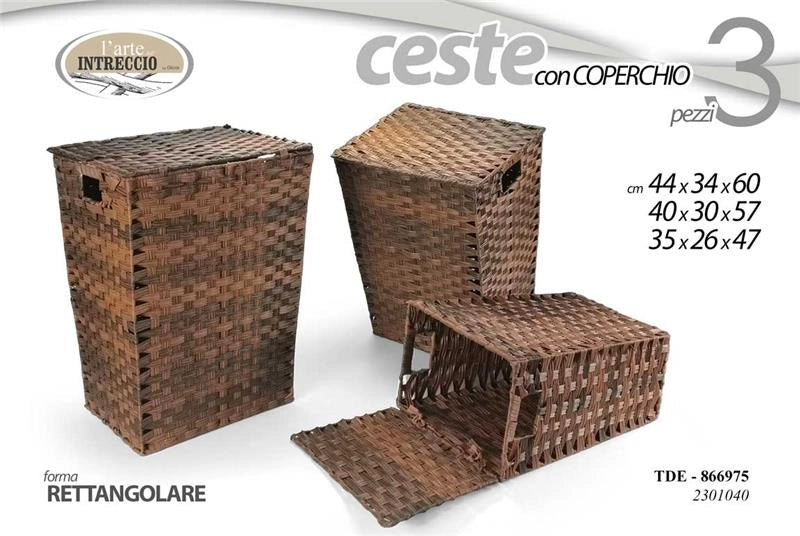 MA MAISON SET 3 CESTE PORTABIANCHERIA CON COPERCHIO IN VIMINI IN COLORE MARRONE