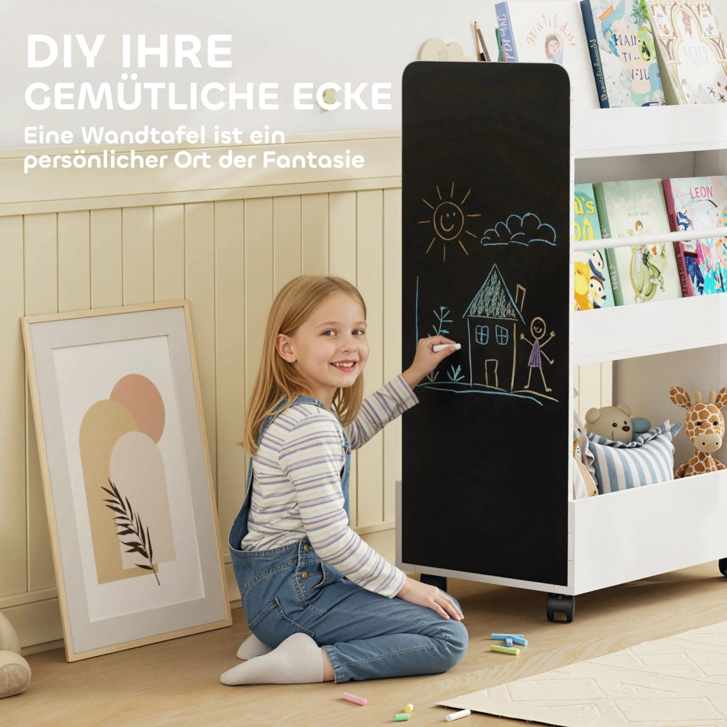 Libreria per bambini con 4 ripiani, cassetto, lavagna e rotelle ¨C zephmum ¨C 66.5x32.5x86.5 cm bianco