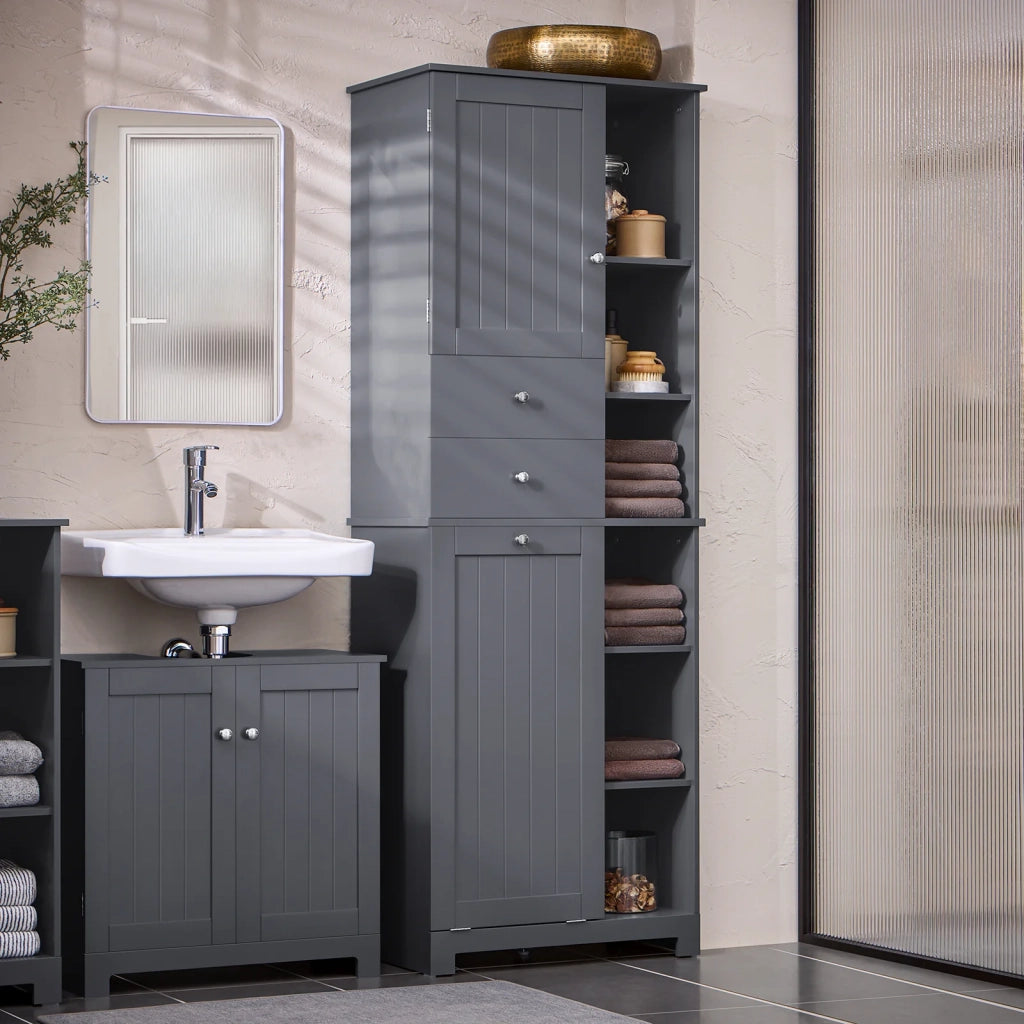 Mobile alto con portabiancheria apribile Armadietto da Pavimento Mobile bagno Grigio 60x37x170cm BZR104-DG