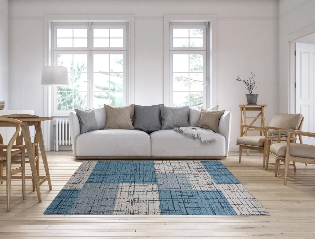 Tappeto Arredo Moderno Morbido in Ciniglia Ingresso Antiscivolo Prodotto Italiano  Soggiorno Camera Salotto Disegni Piazzati Cotone Varie Misure Grande Mondrian/Azzurro - 65x300 cm