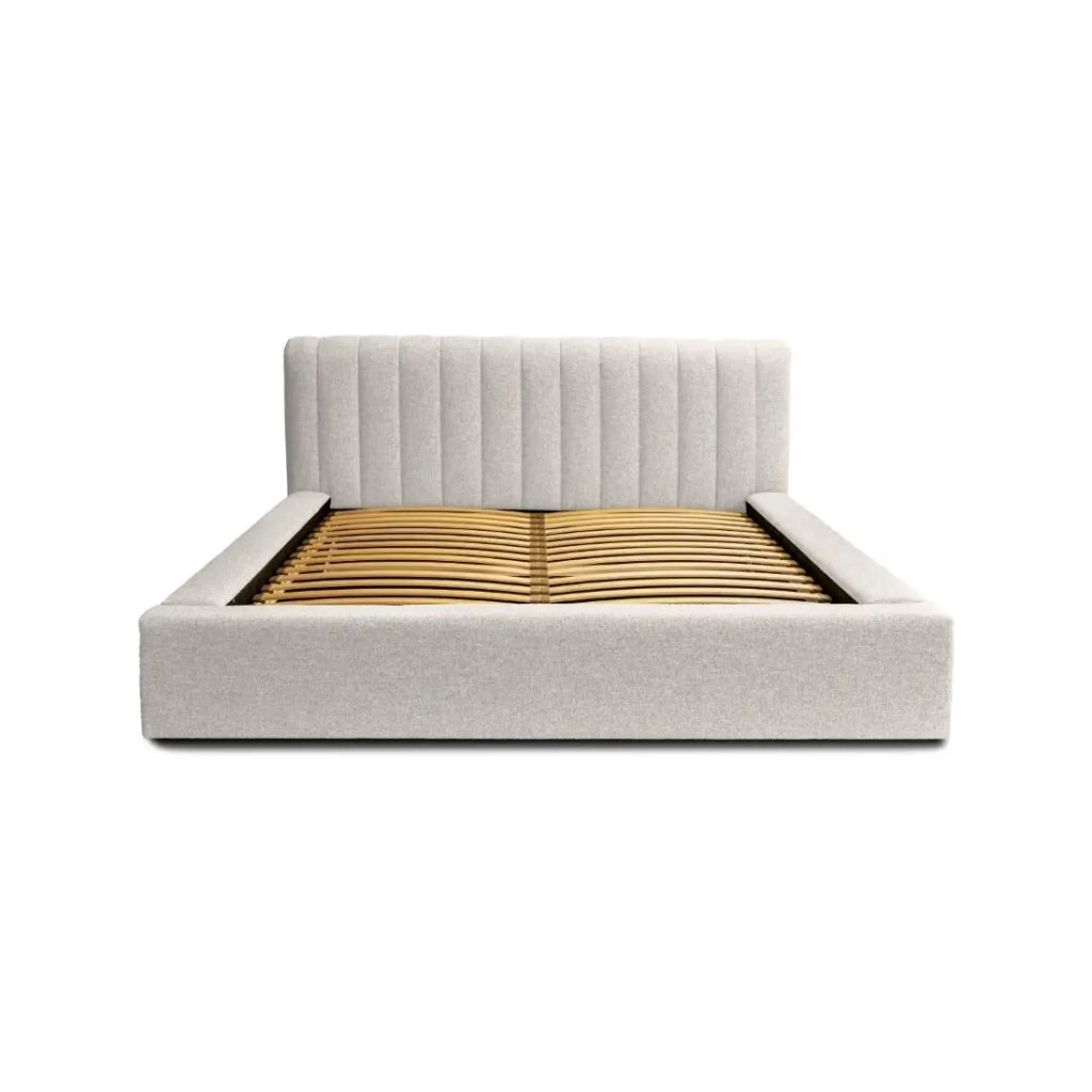 Letto contenitore CERVIN – Tessuto bouclé Nuvola sabbia – 180x200 cm – Rete sollevabile – Design contemporaneo