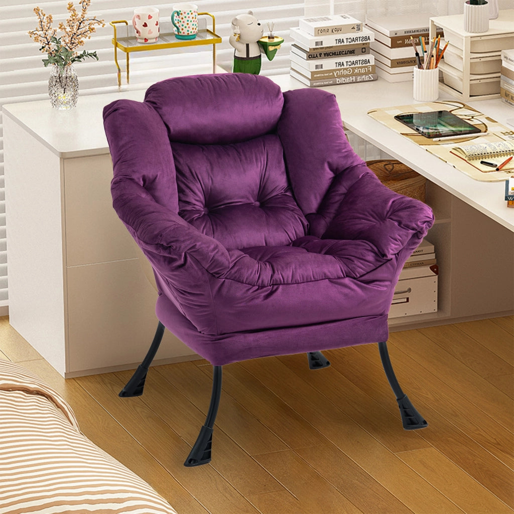 Sedia relax con struttura in metallo, colore viola, facile da assemblare, con tasca laterale