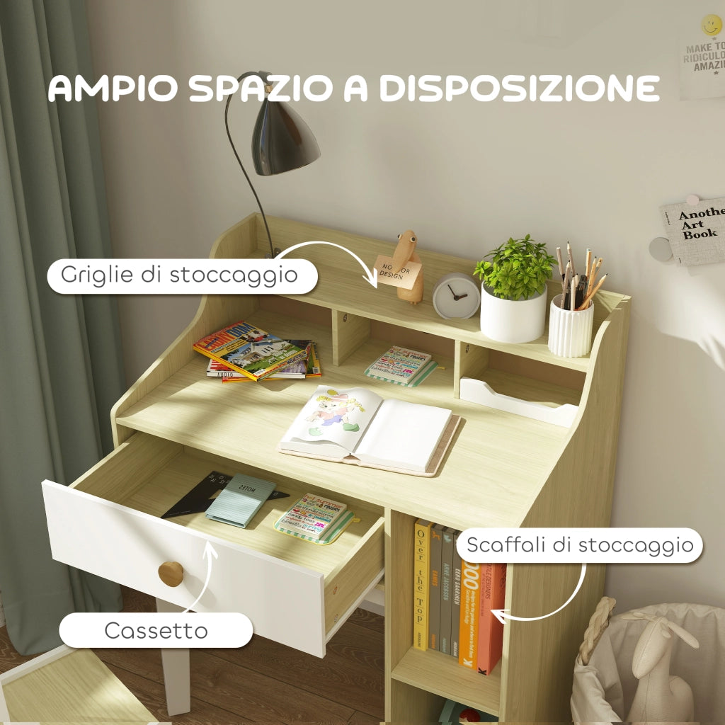 Scrivania per Bambini con Scaffale e Cassetto ¨C Minimal ¨C Bianco e Legno