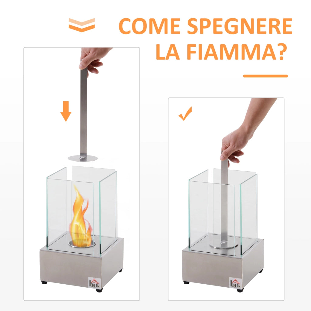 EasyComfort Camino a Bioetanolo da Tavolo con Bruciatore da 0.4L, Biocamino in Acciaio e Vetro per Interni ed Esterni, 20x20x33cm, Argento