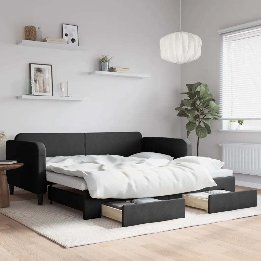 Divano Letto Estraibile con Cassetti-Sofa Letto-Daybed Nero 100x200 cm in Tessuto 491803
