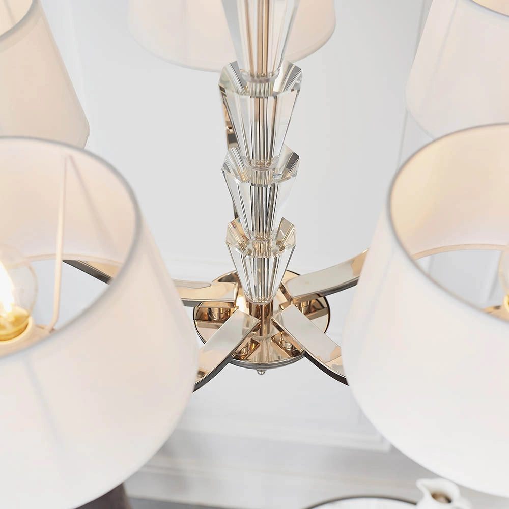 Lampadario 5 luci paralumi bianchi cromato cristalli E14