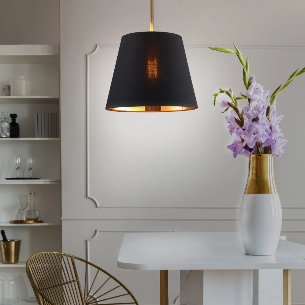 Lampada a sospensione ELENA nero/oro tessuto cono E27 Ø30