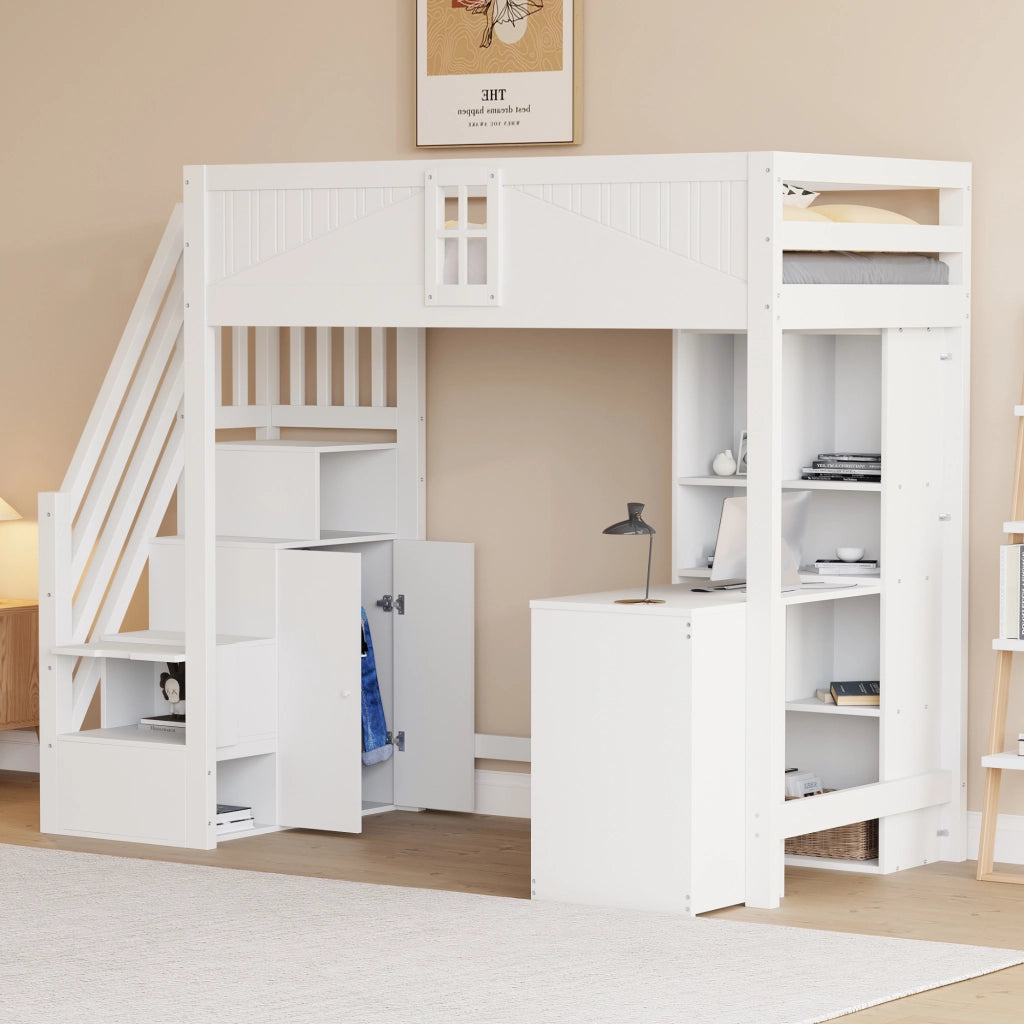 LETTO a soppalco 90x200 cm bianco con scrivania, cassetti e armadi