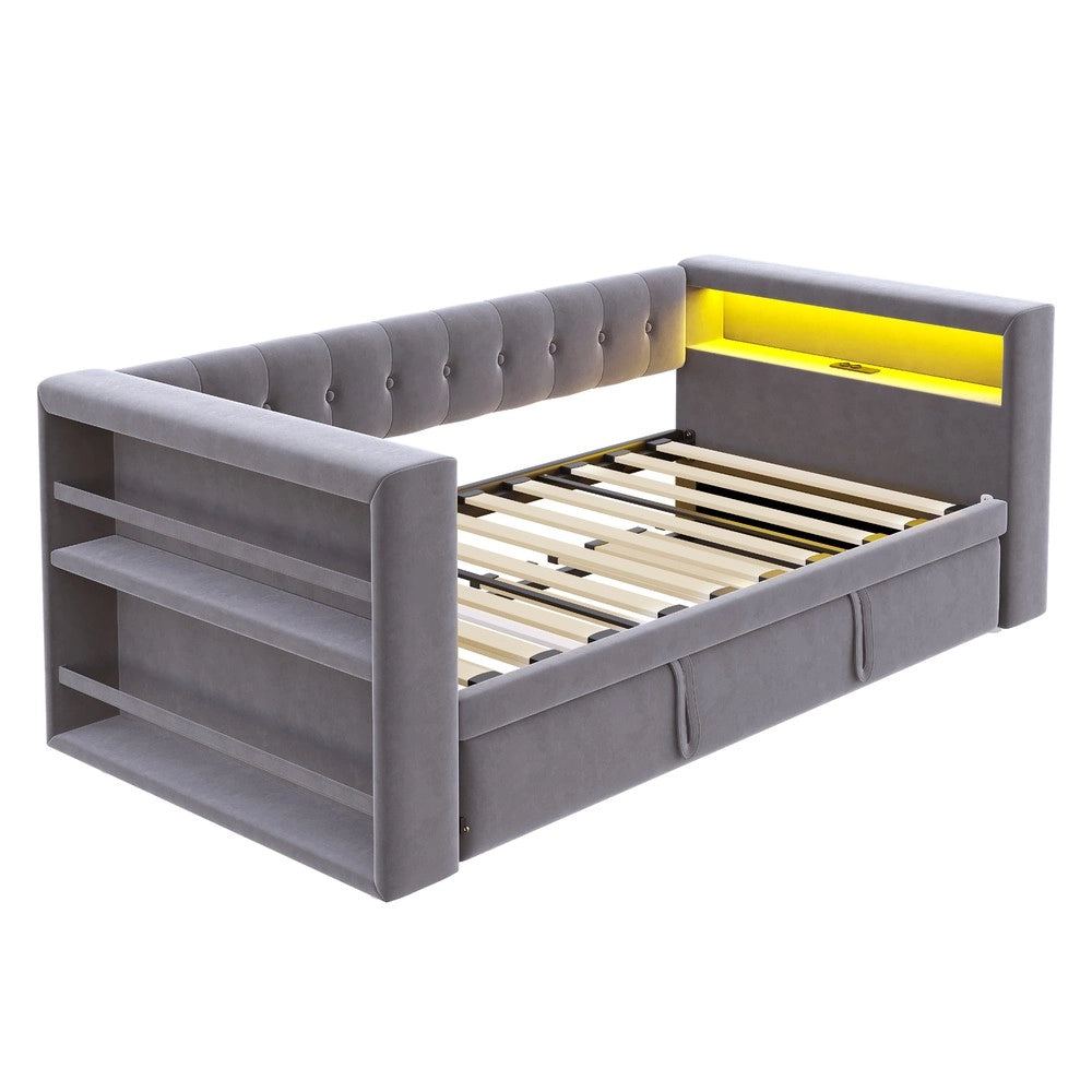 Letto Imbottito con LED e Contenitore ¨C Xylo ¨C Grigio Scuro, 90x190 / 180x190