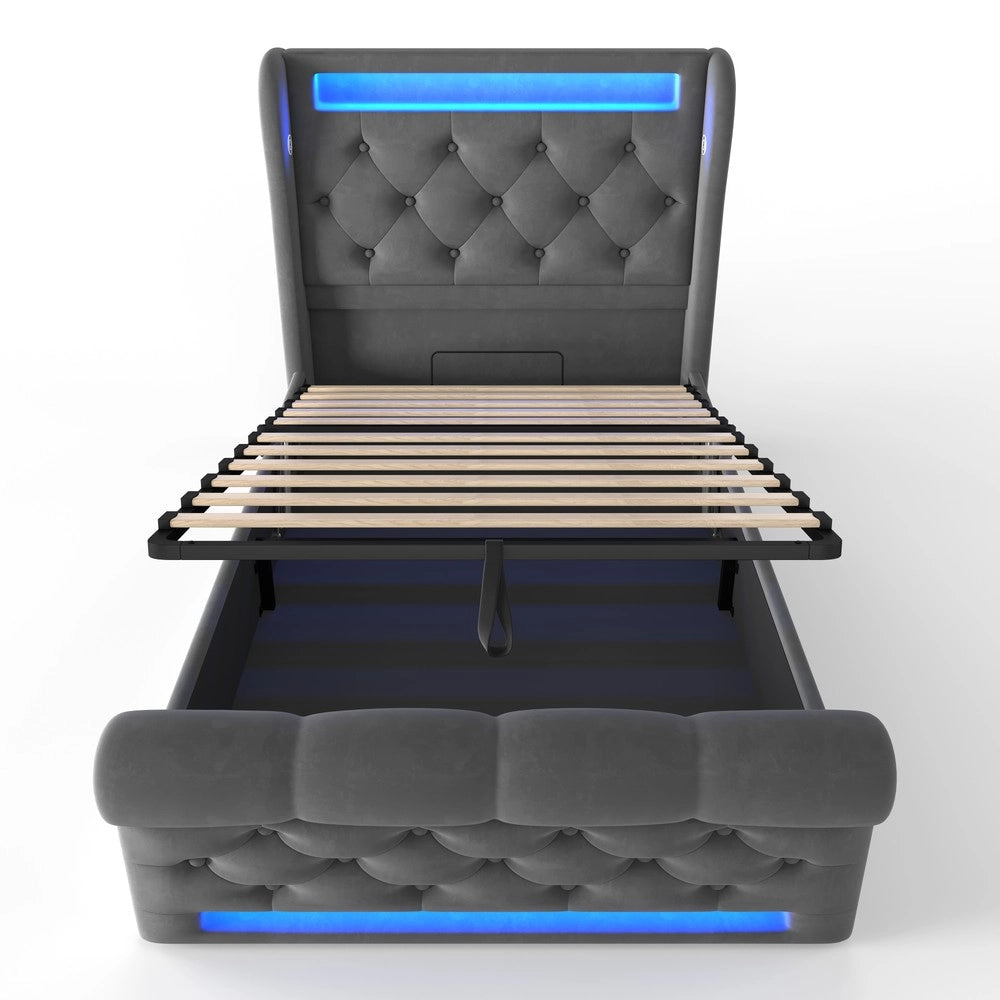 Letto Singolo Imbottito Contenitore con LED ¨C MINIMAL ¨C Grigio Velluto 90x200