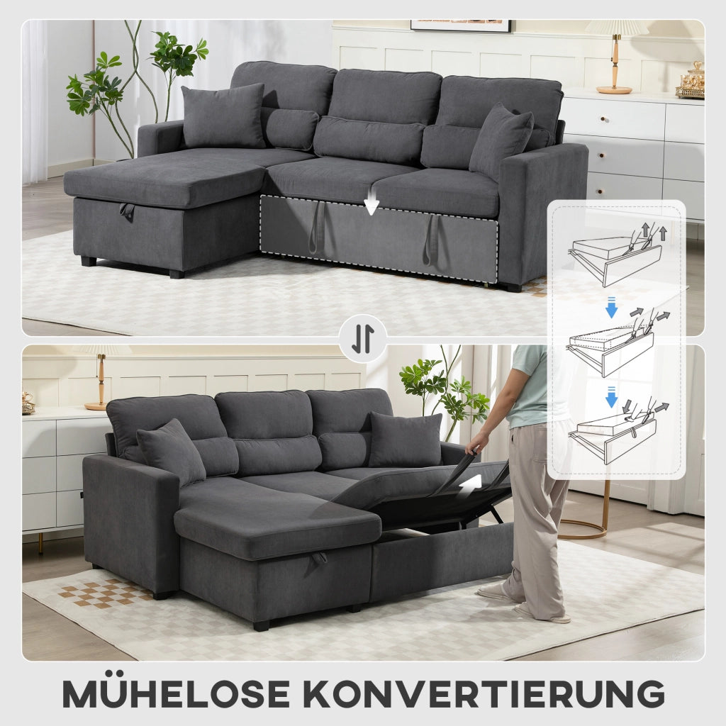 Divano letto angolare con contenitore e cuscini ¨C Minimal ¨C Grigio scuro