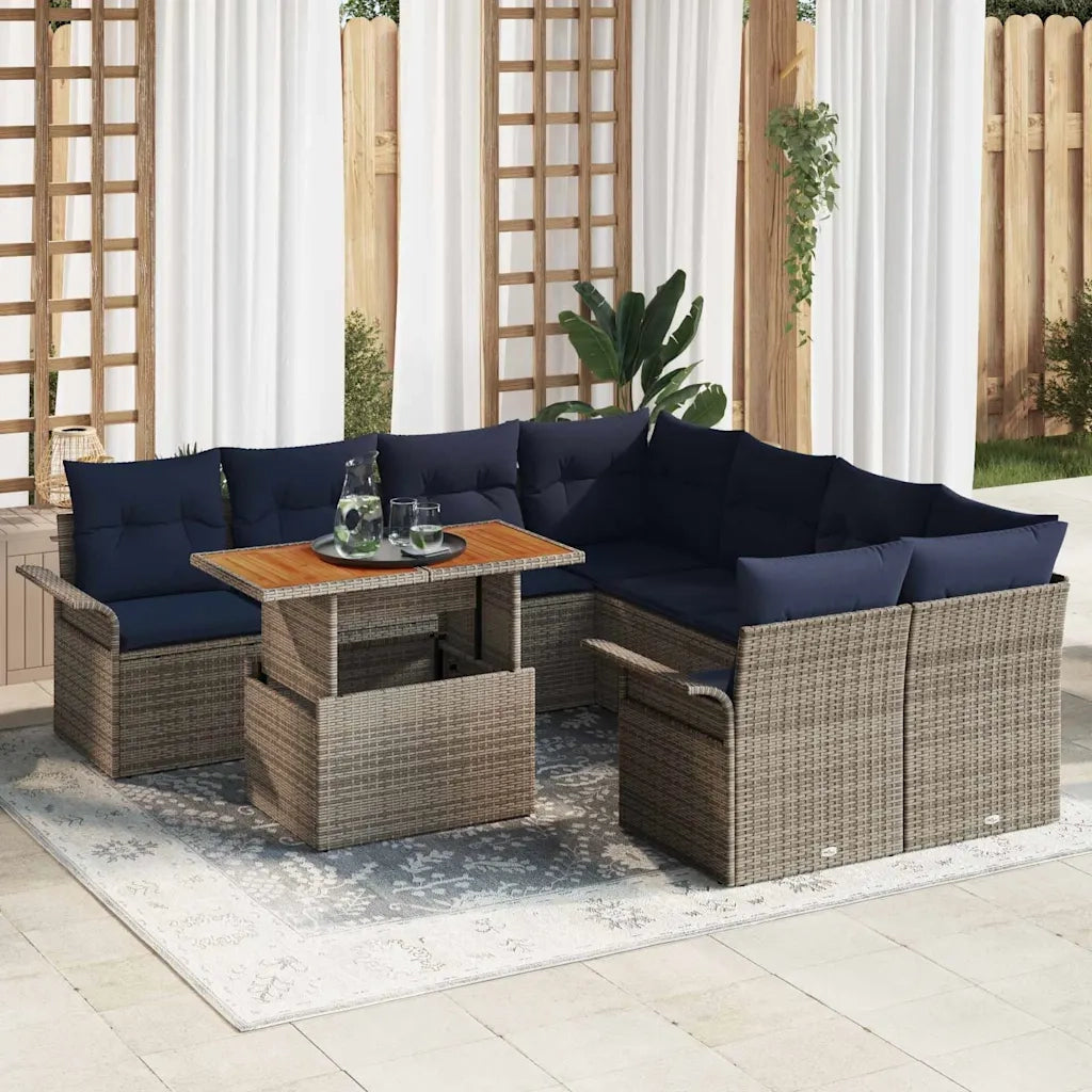 Set Divano da Giardino 9 pcs Grigio e Blu Navy polyrattan 3349317