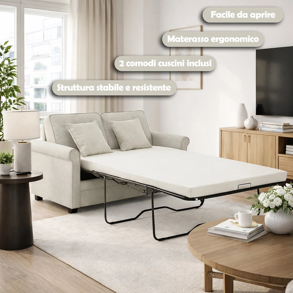 Divano Letto a 2 Posti Beige con Cuscino Memory Ergonomico con Apertura Facile