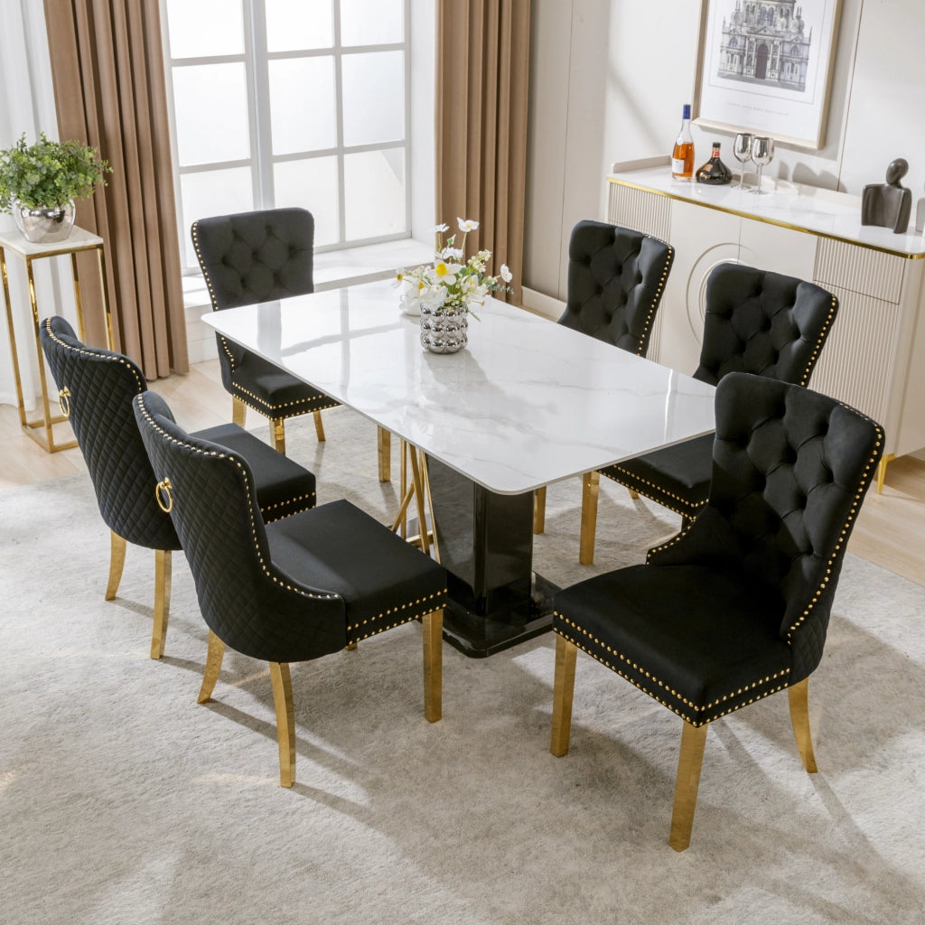 Sedia da Pranzo Imbottita in Velluto ¨C Xylo ¨C Nero/Oro, Schienale con Anello, Gambe in Acciaio Dorato, Set 6