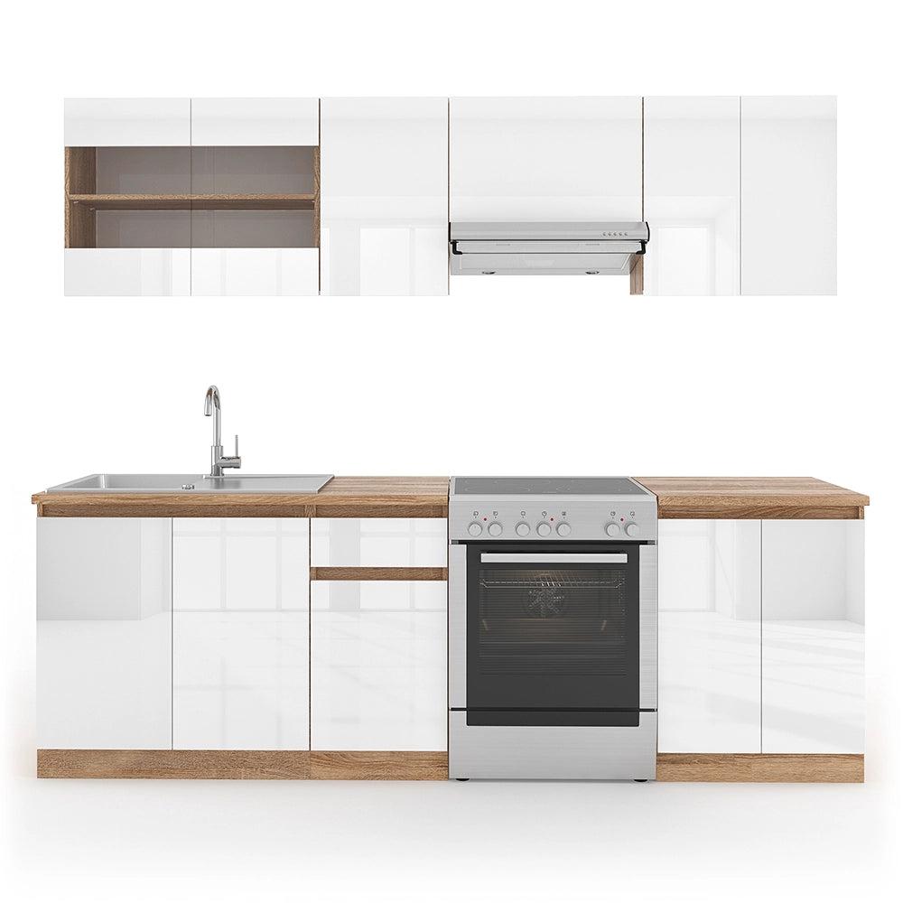 Mobile da cucina Raul Bianco lucido/Bianco 240 cm, PL Sonoma con striscia LED Vicco