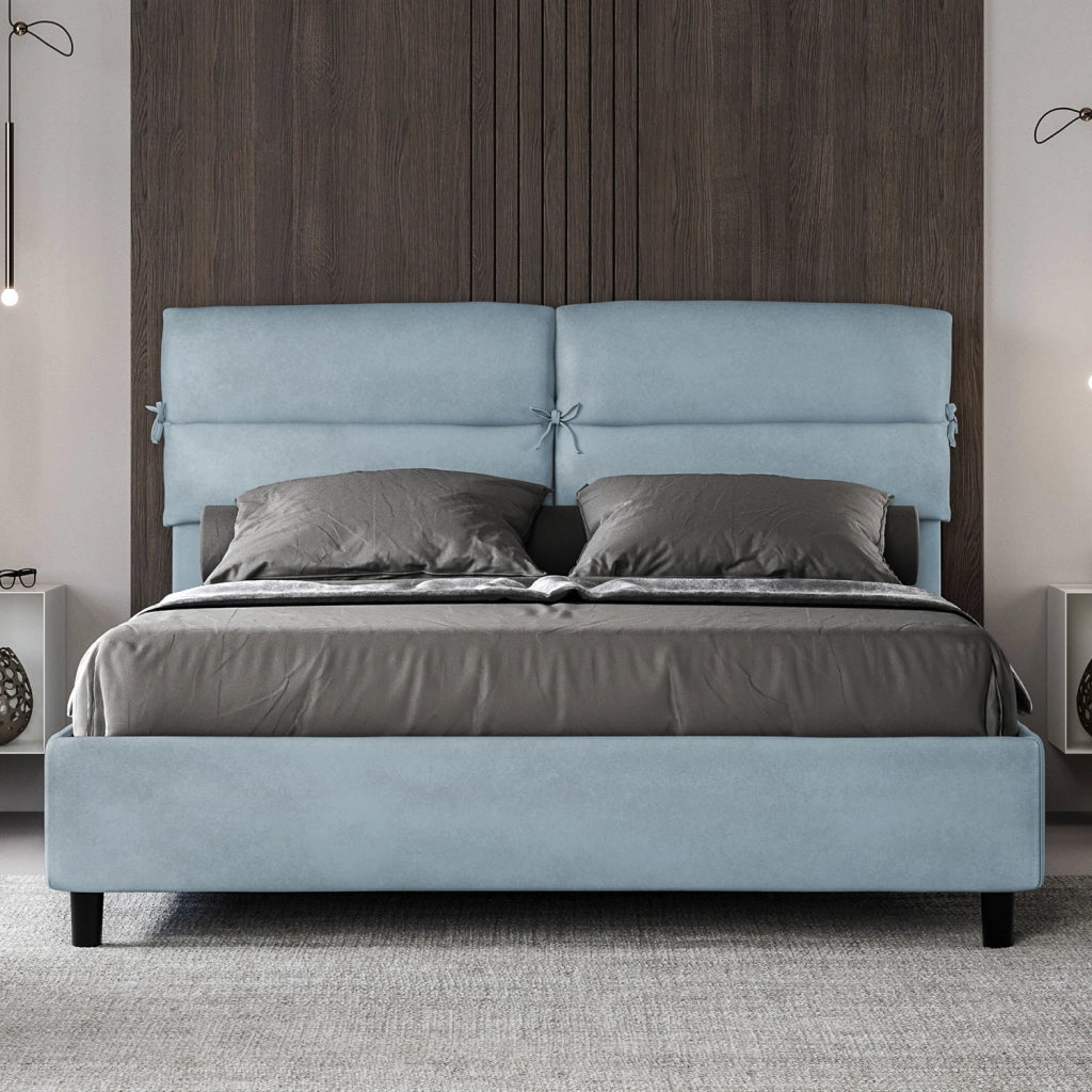 BS COM Letto matrimoniale con rete imbottito 160x210 microfibra azzurro