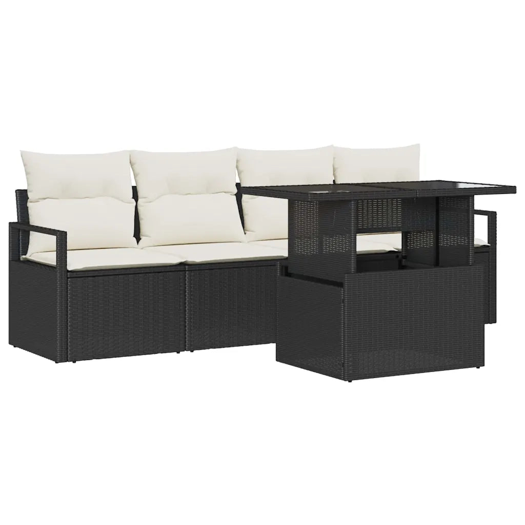 Set Divano da Giardino 5 pcs Nero e Crema polyrattan