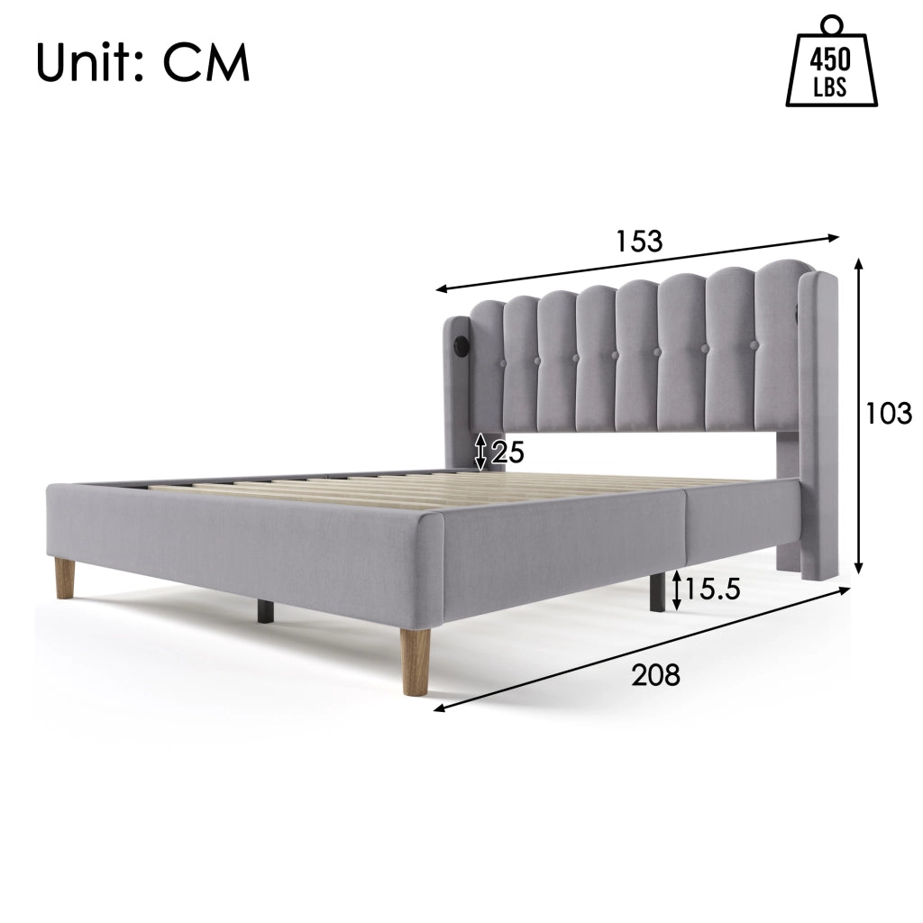 DESMIU Letto Matrimoniale 140 × 200 cm 2 posti con USB e Type-C, con materasso, in lino, grigio