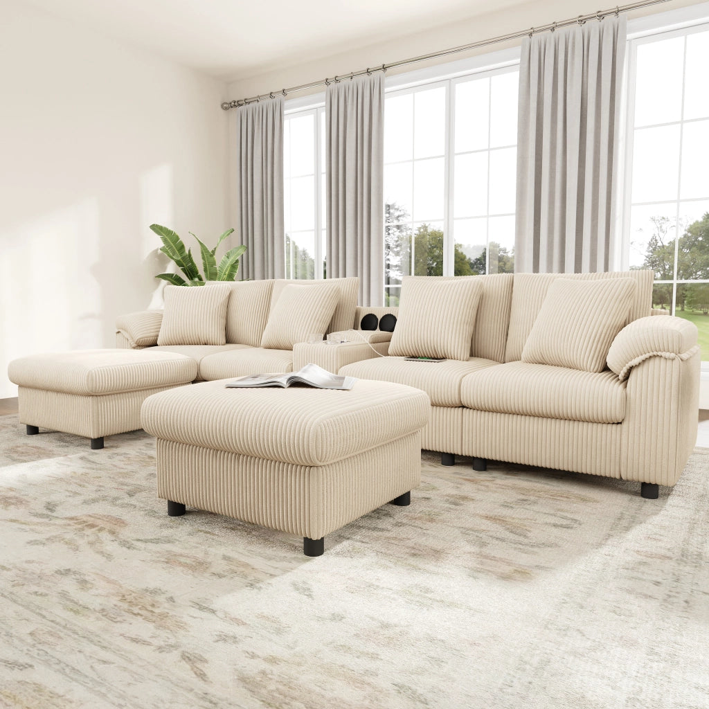 Divano modulare a U e a L - con console Bluetooth e porta bicchieri - in cord beige